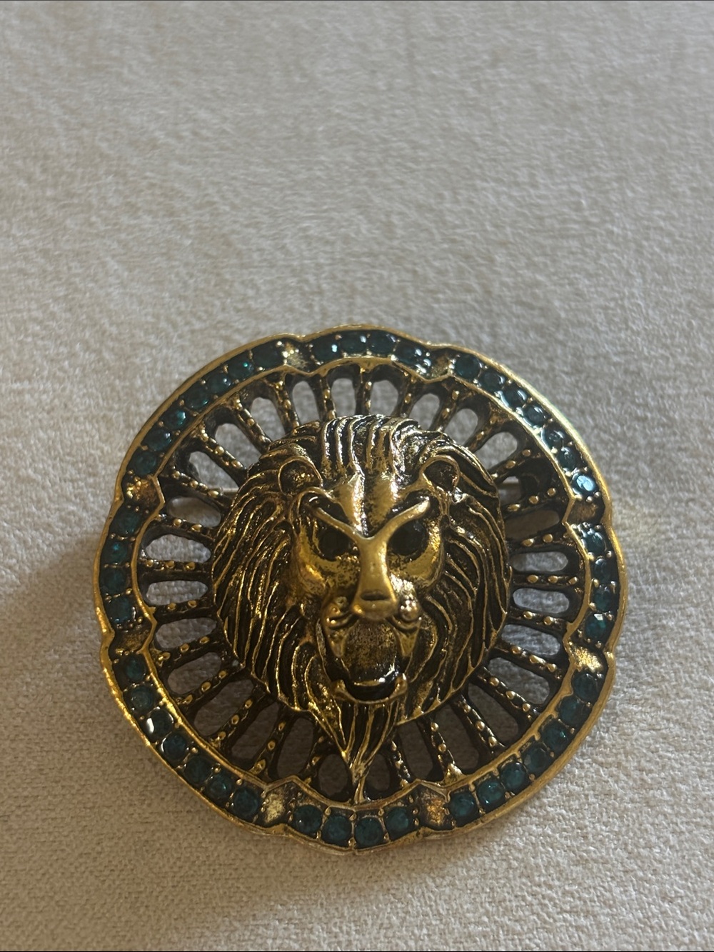 Gold Lion Head Brooch with Teal Accents